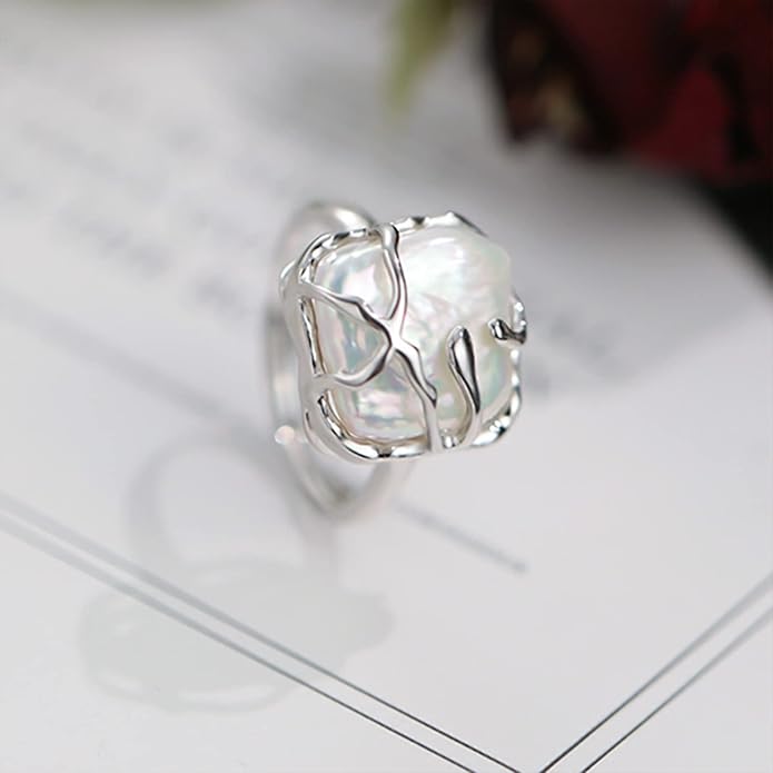 HETICA Irregular Pearl Silver Ring for Women Baroque Pearl Ring Fashion Statement Ring Jewelry Gift