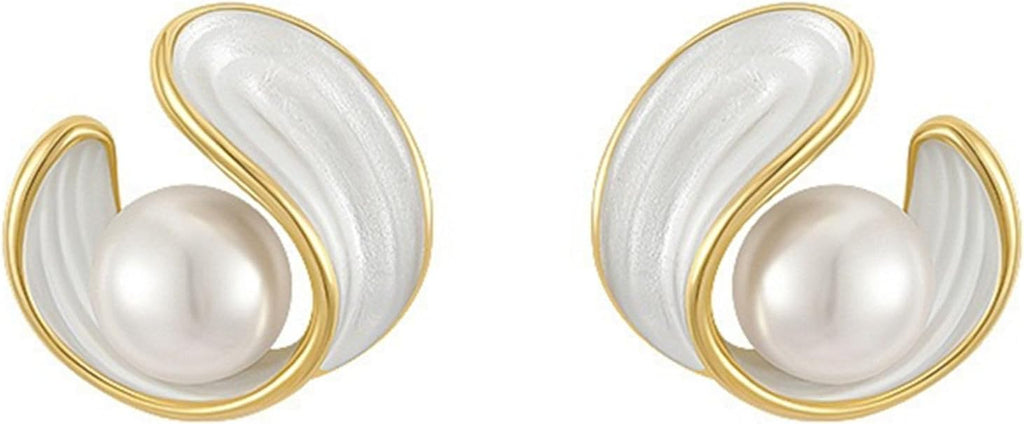 Pearl Stud Earrings for Women Stainless Steel Unique Statement Small Pearl Enamel Button Statement Vintage Earring Jewelry