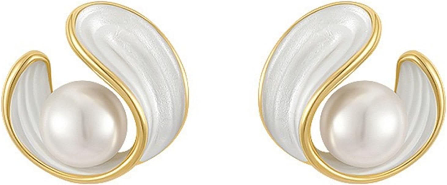 Pearl Stud Earrings for Women Stainless Steel Unique Statement Small Pearl Enamel Button Statement Vintage Earring Jewelry