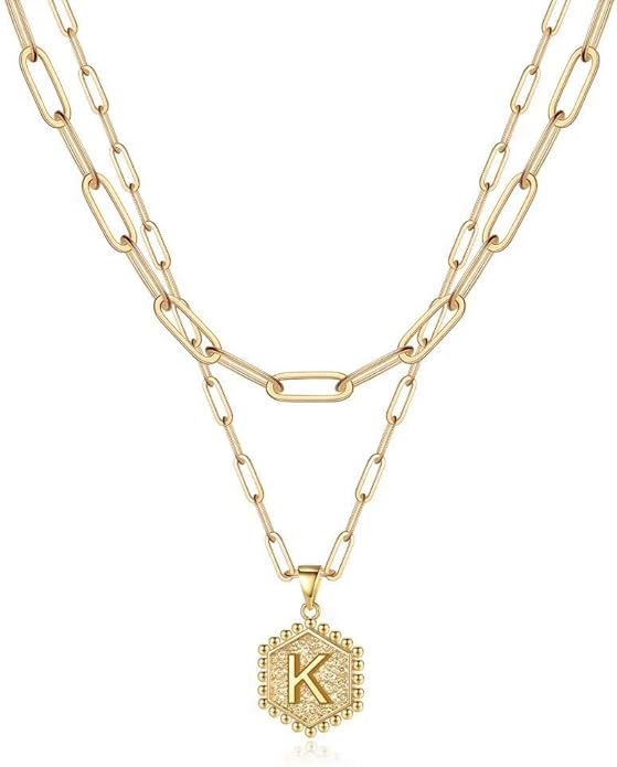 M MOOHAM Valentines Gifts for Women Teen Girls, 14K-Gold-Plated Initial Necklaces for Women Cute Hexagon Letter Initial Necklace Layered Necklaces for Womens Teen Girl Valentines Jewelry Gifts