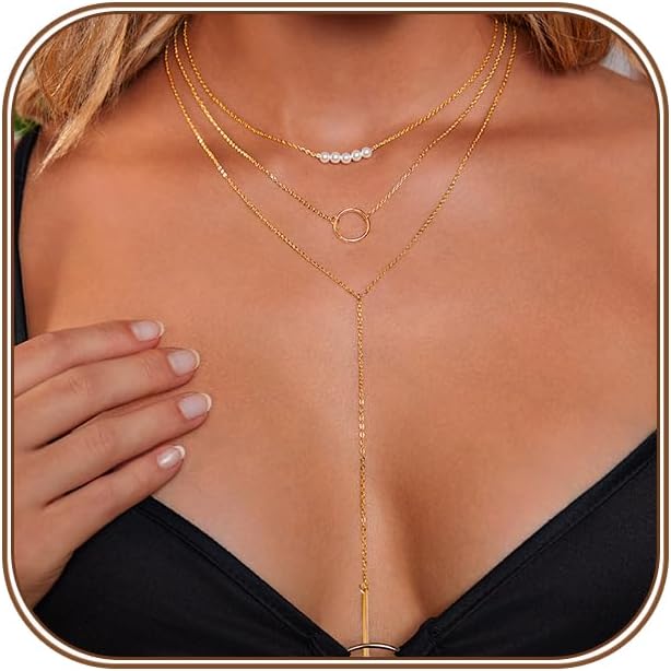 Lariat Gold Necklace for Women Dainty Long Necklace 14k Gold Plated/Silver Y-Shaped Pendant Drop Chain Trendy Layered Pearl/Beaded/CZ Necklaces Simple Gold Jewelry For Women Gift