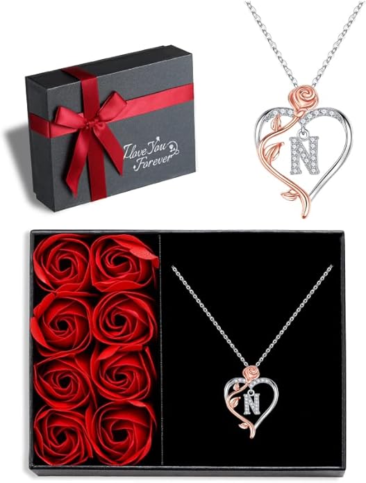 Iefil Valentines Day Gifts for Her - 925 Sterling Silver Rose Heart Initial Necklace, Anniversary Birthday Gifts for Women, Jewelry Gift for Her Wife Girlfriend