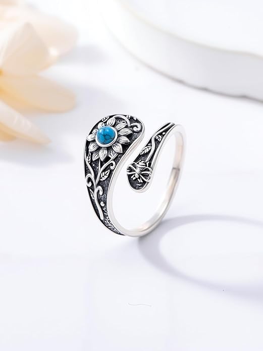 JKR Turquoise Spoon Rings for Women Sterling Silver Vintage Antique Thumb Ring Boho Jewelry Anniversary Birthday Gift for Wife Her Mom