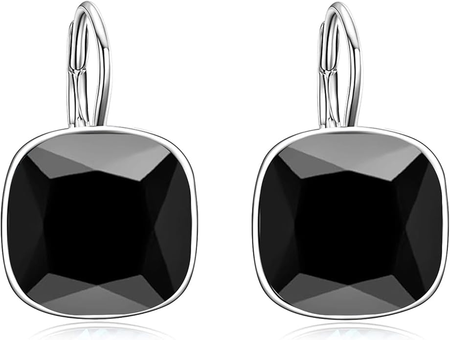AOBOCO Sterling Silver Leverback Earrings Embellished with Crystals from Austria, Hypoallergenic Cushion Cut Square Crystal Earrings, Fine Anniversary Birthday Jewelry Gifts for Women
