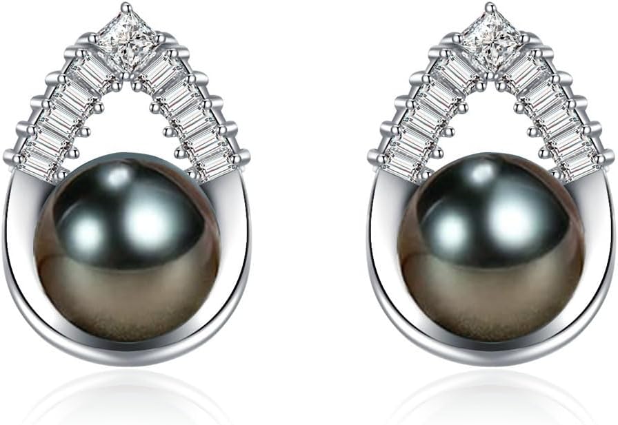 Gift for Wife -Tahitian Black/Freshwater Cultured-Pearl-Earrings-Gifts for Women Wedding Birthday Anniversary-Mom Her Mothers Day Valentines Day Christmas-18K Gold Plated Sterling Silver Pearl Stud Earring Fine Jewelry