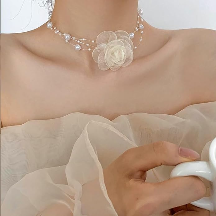 Boho Flower Pearl Choker Necklace for Floral Choker,Women Dainty Pearl Beaded Chain Collar Necklace Flower Necklace for Women Trendy Jewelry