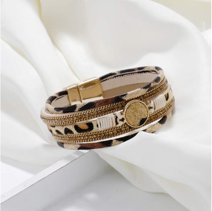 Fesciory Leopard Bracelet for Women, Boho Leather Wrap Multi-Layer Pearl Crystal Bracelet Bangle Jewelry