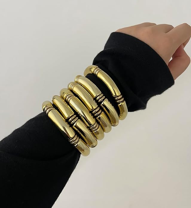iF YOU 6pcs Chunky Acrylic Bangle Bracelets for Women, Resin Bamboo Brown Stretchy Bracelet Stack, Fashion Jewelry for Women