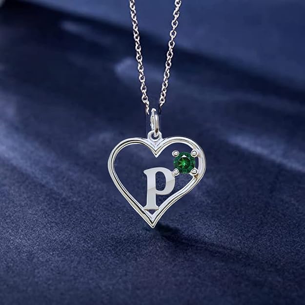 Silver Sterling Necklace Initial Letter A-Z Birthstone for Women – Personalized Custom Jewelry Pendant with Heart Design Customized Dainty Charm for Wife Girlfriend Mom – 18" Box Chain