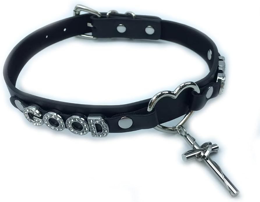 Succuba Handmade Heart Ring Rhinestone Letter Pu Leather Choker Collar Necklace for Women and Men