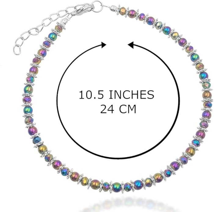 BESHEEK Rainbow Anklet Bracelet Hue Twisted Hematite and Round Artisan Beaded Anklet with Extension Handmade Hypoallergenic Beach Gala Wedding Style Jewelry