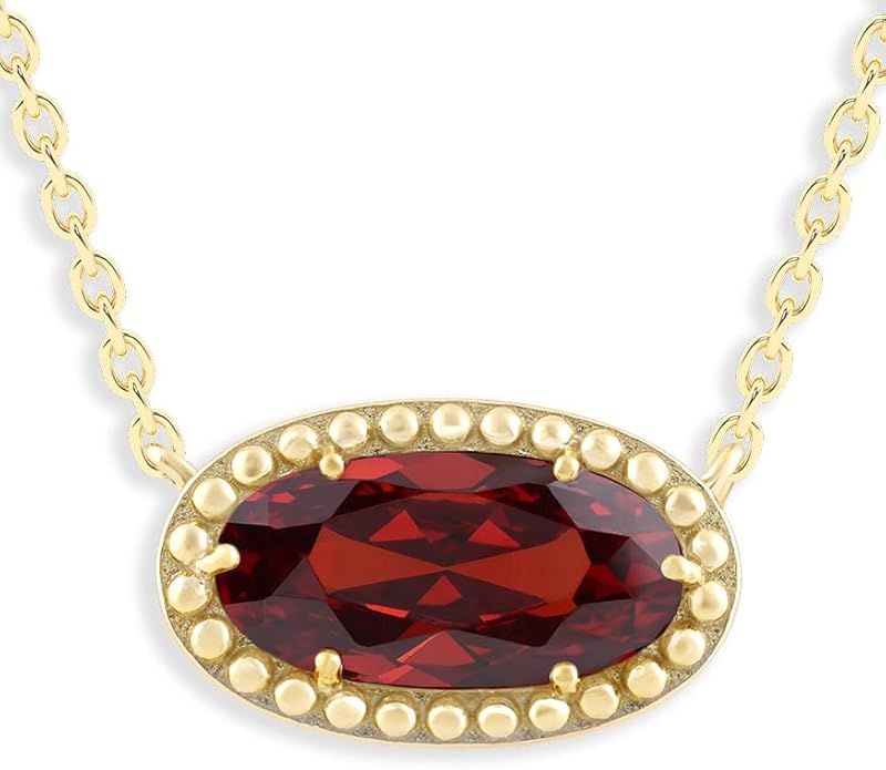 Belacqua Gemstone Necklace in 14K Gold Plated Sterling Silver, Oval Pendant Size 6 * 12mm, 15" Cable Chain with 2" Extender, Spring Ring Clasp, Dainty Birthstone Necklace for Women, Gift Box Included