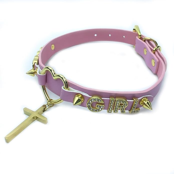Succuba Handmade Heart Ring Rhinestone Letter Pu Leather Choker Collar Necklace for Women and Men