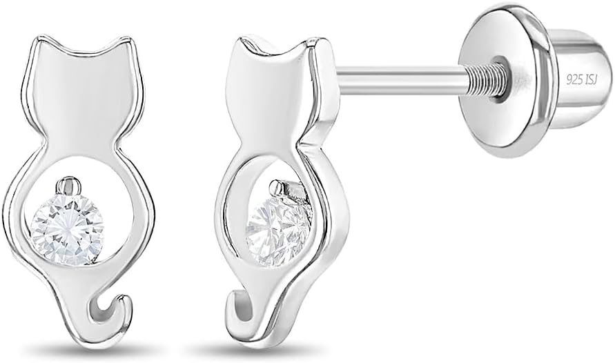 925 Sterling Silver Clear Cubic Zirconia Young Girls Kitten Screw Back Earrings - Kitty Cat Animal Lover Screw Backs for Young Girls, Toddler & Pre teens