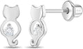 925 Sterling Silver Clear Cubic Zirconia Young Girls Kitten Screw Back Earrings - Kitty Cat Animal Lover Screw Backs for Young Girls, Toddler & Pre teens