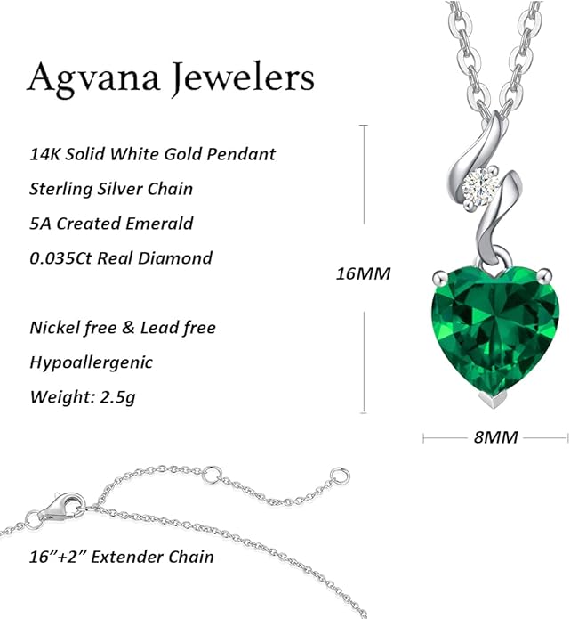 AGVANA Valentines Day Gifts 14K Solid White Gold Diamond Gemstone Pendant with Sterling Silver Chain 8mm Heart Birthstone Necklace Fine Jewelry Anniversary Birthday Gifts for Women Mom Wife