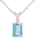 Angara Natural Aquamarine Solitaire Pendant for Women | Emerald-Cut Aquamarine Pendant with Diamond in 14K Solid Gold/Silver/Platinum With 18" Chain | March Birthday, Gemstone Jewelry Gift