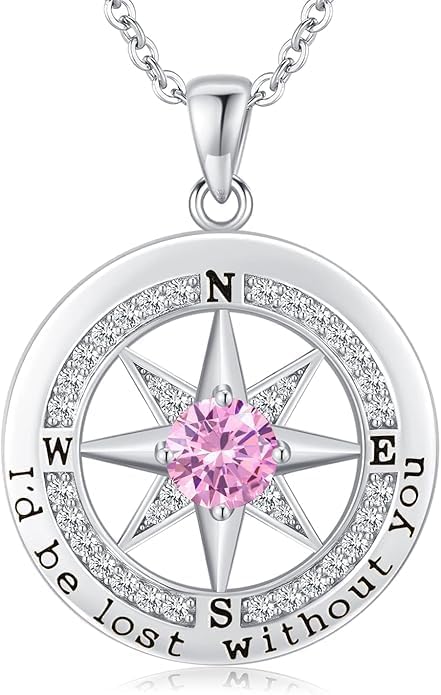 Compass Necklace for Women Wife Girlfriend Mom Daughter Gifts S925 Sterling Silver Jewelry For Anniversary Rose Gold Gifts For Birthday Christmas Mothers Valentines Day 12 Birthstones