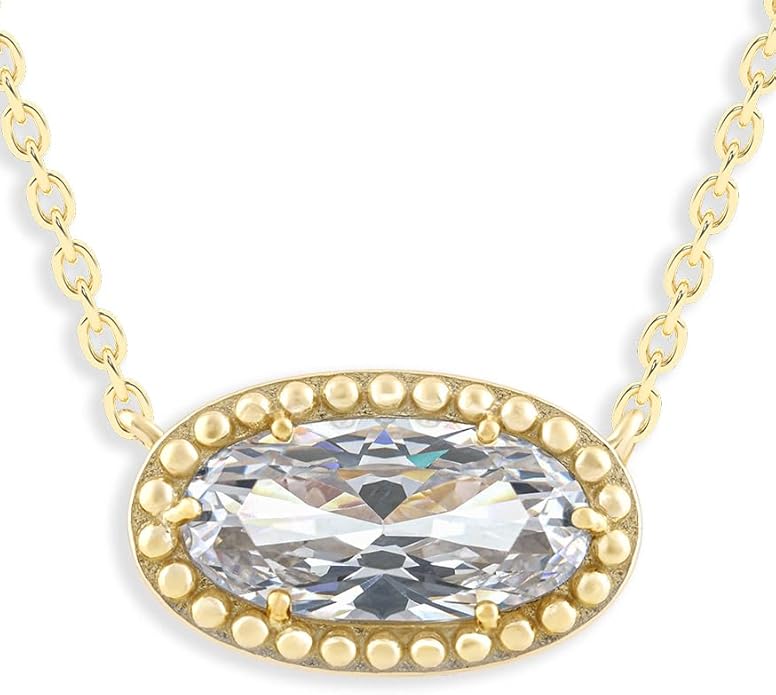 Belacqua Gemstone Necklace in 14K Gold Plated Sterling Silver, Oval Pendant Size 6 * 12mm, 15" Cable Chain with 2" Extender, Spring Ring Clasp, Dainty Birthstone Necklace for Women, Gift Box Included