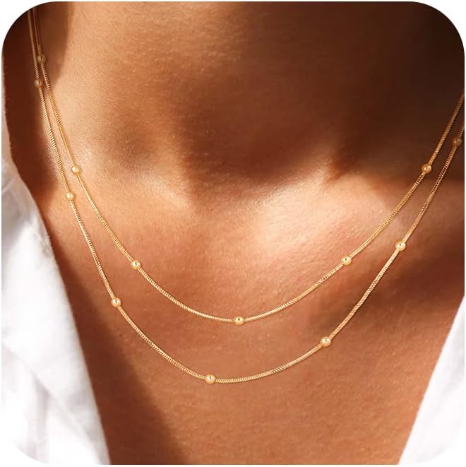 CHESKY 14k Gold Plated/Silver Plated Dainty Necklace for Women, Trendy Satellite Choker Necklace Thin Beaded Layered Choker Necklaces Discs Paperclip Chain Necklaces Womens Simple Jewelry
