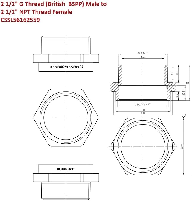 Cascada Lead-Free Brass Adapter, G Thread BSPP Male to NPT Female | G Thread - Image 2