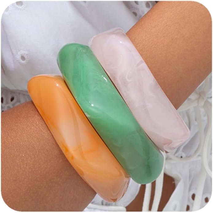 ALEXTINA 3Pcs Acrylic Resin Bangles for Women, Wide Resin Bracelets Chunky Cuff Bracelets Set Stackable Bracelets, Summer Vacation Jewelry Gift for Women