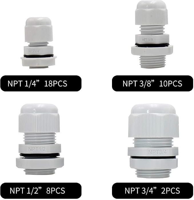 MAKERELE 38pcs NPT Cable Glands Kit Waterproof Strain Relief Connector | Grey - Image 2
