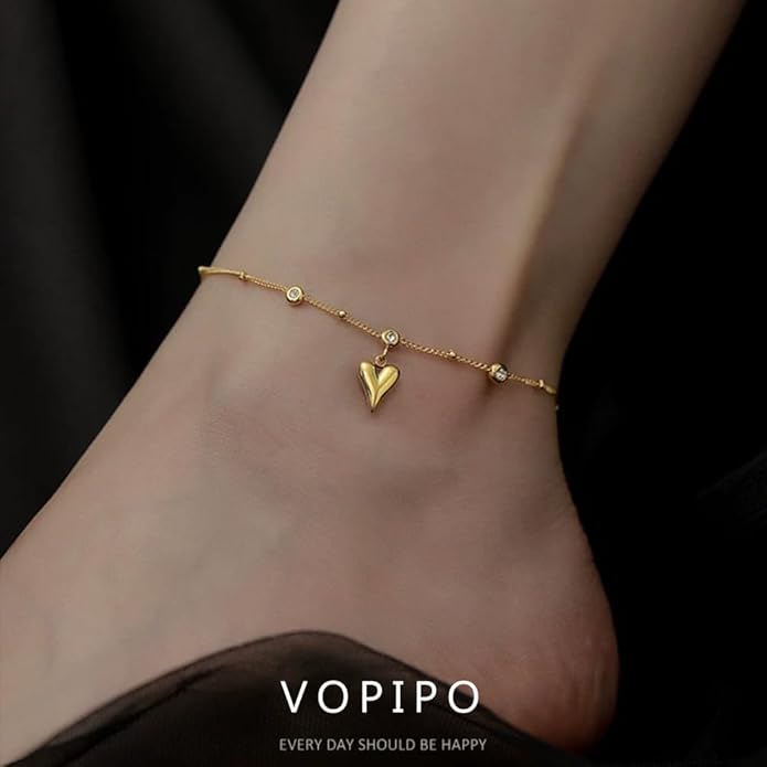 Dainty Ankle Bracelets for Women Waterproof, 14K Gold/Silver Plated Anklets for Women Non Tarnish Layered Shiny CZ Heart Charm Satellite Rope Herringbone Anklet Trendy Summer Beach Jewelry Gift