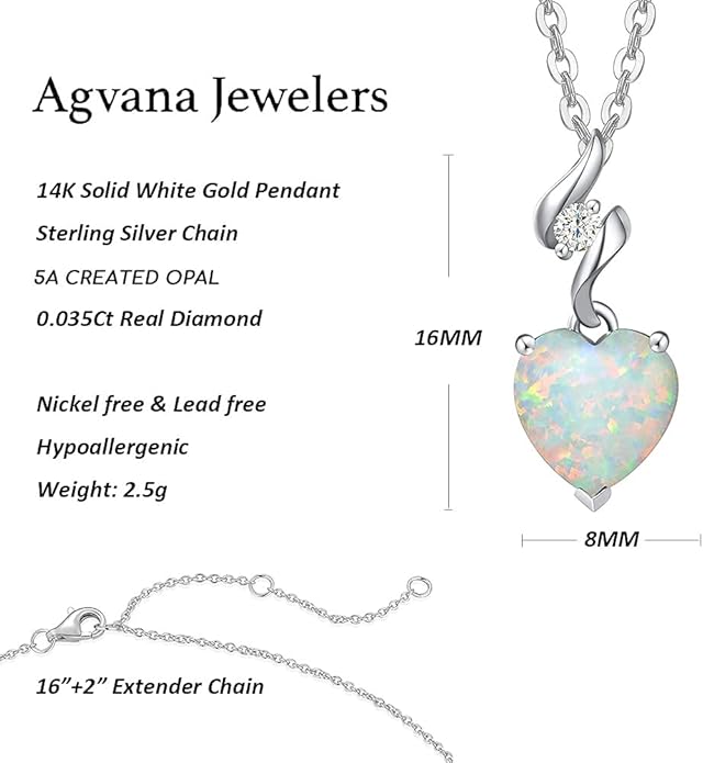 AGVANA Valentines Day Gifts 14K Solid White Gold Diamond Gemstone Pendant with Sterling Silver Chain 8mm Heart Birthstone Necklace Fine Jewelry Anniversary Birthday Gifts for Women Mom Wife