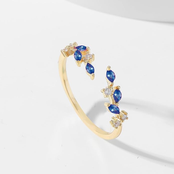 Gold Rings Non Tarnish Silver Adjustable Rings for Women Cubic Zirconia Leaf Ring Dainty Silver Stackable Ring for Women