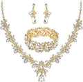 Wedding Leaf Flower Crystal Teardrop Pendant Necklace Dangle Earrings Stretch Bracelet Jewelry Set for Women Bridal Party Prom