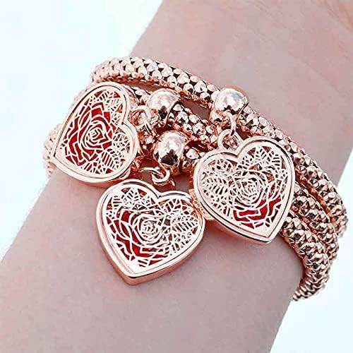 Crystal Charms Multilayer Bracelets - 3PCS Gold/Silver/Rose Gold Corn Chain Bracelet for Women, Tree of Life Heart Shaped Stretch Bracelet