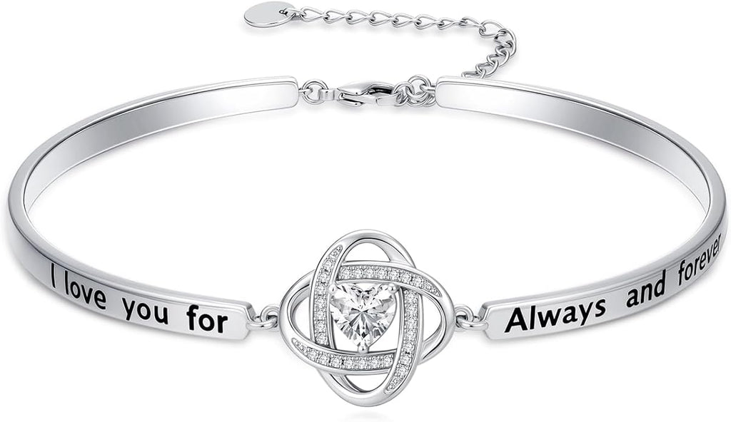 Valentines Day Gifts for Her, 18k White Gold Plated Love Knot Bracelets, Engraved Inspirational and Sentiment Bangle, Anniversary Birthday Jewelry Gift for Lover Wife Girlfriend Sister Friends