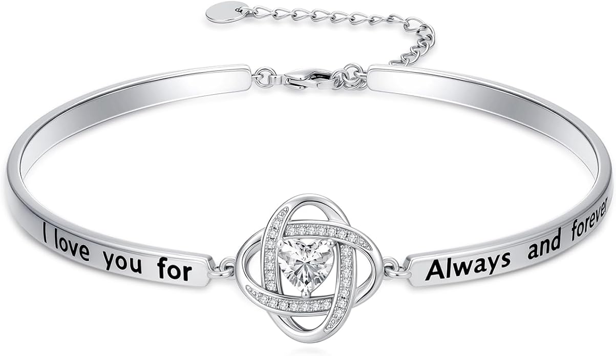 Valentines Day Gifts for Her, 18k White Gold Plated Love Knot Bracelets, Engraved Inspirational and Sentiment Bangle, Anniversary Birthday Jewelry Gift for Lover Wife Girlfriend Sister Friends