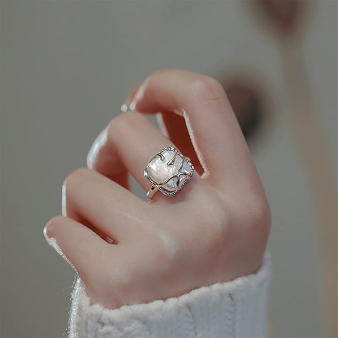 HETICA Irregular Pearl Silver Ring for Women Baroque Pearl Ring Fashion Statement Ring Jewelry Gift