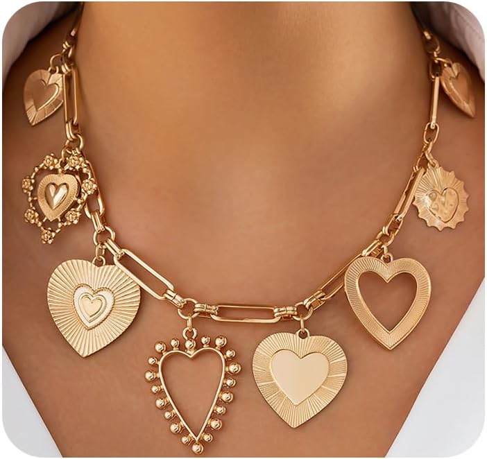 Chunky Gold Heart Necklace for Women,Y2K Big Heart Statement Necklace Long Puffy Hearts Chain Charm Necklaces Trendy Jewerly