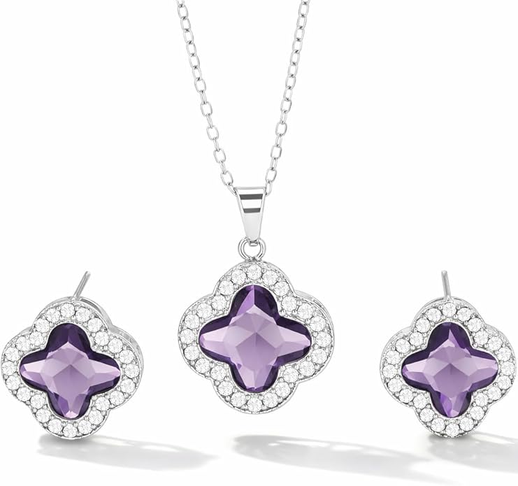 Four Leaf Clover Necklace and Earrings Set for Women, Clover Jewelry Set with Pendant Necklace and Stud Earrings, Brilliant Cubic Zirconia, Polished Metal Setting, Hypoallergenic, & Lightweight