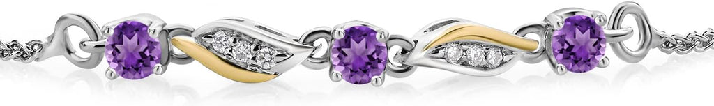 Gem Stone King 3-Stone Adjustable Bracelet for Women | 925 Silver and 10K Yellow Gold | Gemstone Birthstone and Lab Grown Diamond | Round 3MM | Two-Tone Adjustable Tennis Bracelet Up to 9 Inch