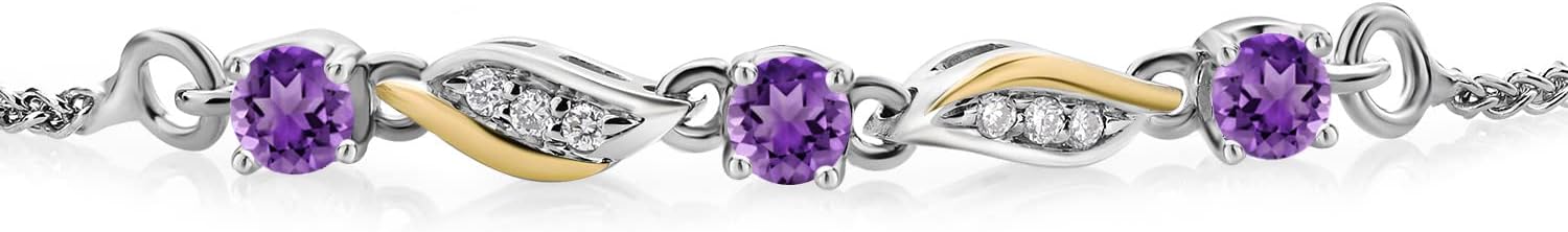 Gem Stone King 3-Stone Adjustable Bracelet for Women | 925 Silver and 10K Yellow Gold | Gemstone Birthstone and Lab Grown Diamond | Round 3MM | Two-Tone Adjustable Tennis Bracelet Up to 9 Inch