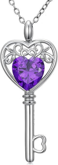 WSX Heart Key Birthstone Necklace for Women 925 Sterling Silver Love Key Pendant with Birthstone Valentine's Day Anniversary Jewelry Gift for Her