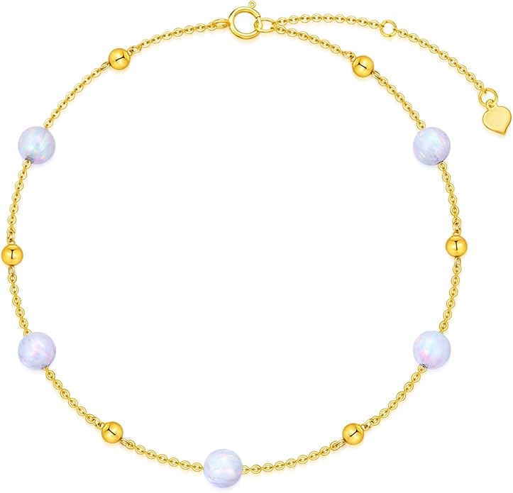 14K Gold Opal Anklet for Women Yellow Gold Turquoise Black Onyx Ankle Bracelet Foot Jewelry for Her, 8''-10''