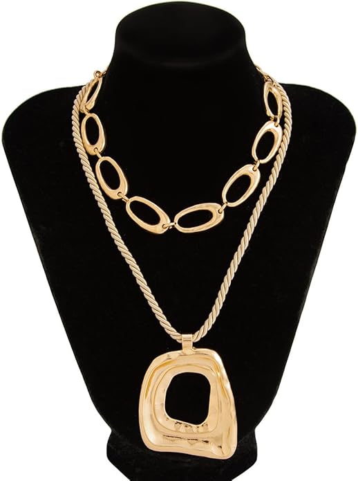 PLOUTOS Statement Modern Geometric Hollow Square Pendant Rope Chain Necklace for Women Bold Fashion Layering Collarbone Jewelry Party Wear Accessory