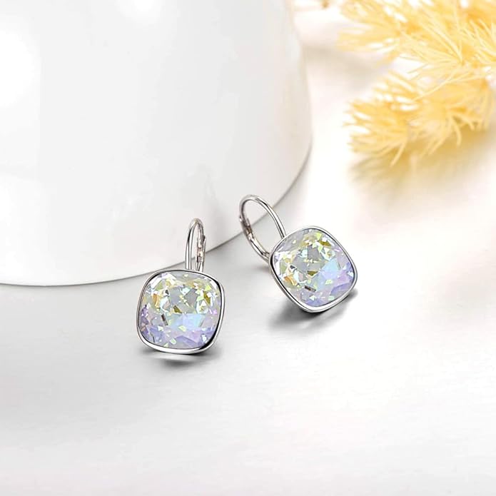 AOBOCO Sterling Silver Leverback Earrings Embellished with Crystals from Austria, Hypoallergenic Cushion Cut Square Crystal Earrings, Fine Anniversary Birthday Jewelry Gifts for Women