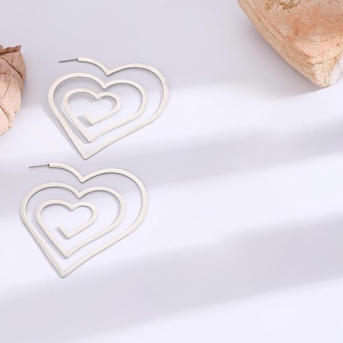 Trendy Large Gold Spiral Heart Stud Earring for Women, Statement Hollow Silver Big Love Hearts Y2k Earrings Bold Personalized Prom Party Jewelry Gifts