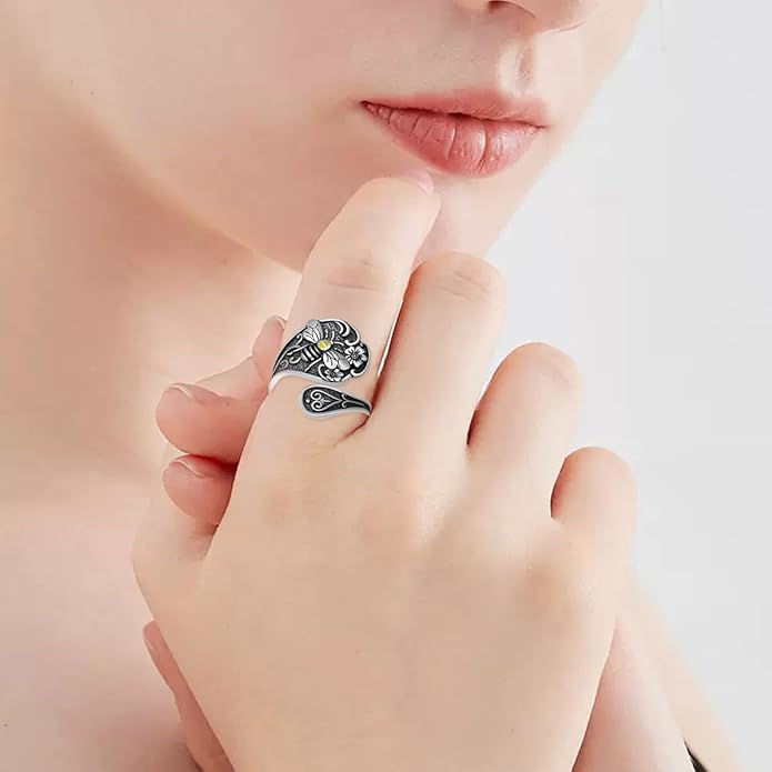 Spoon Rings for Women 925 Sterling Silver Hummingbird/Butterfly/Bee/Red Cardinal/Pink Flamingo Adjustable Thumb Rings Vintage Boho Antique Jewelry Gifts