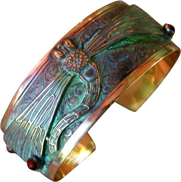Elaine Coyne Collectible Artwear Verdigris Patina Solid Brass Decorative Dragonfly Cuff - Genuine Garnet