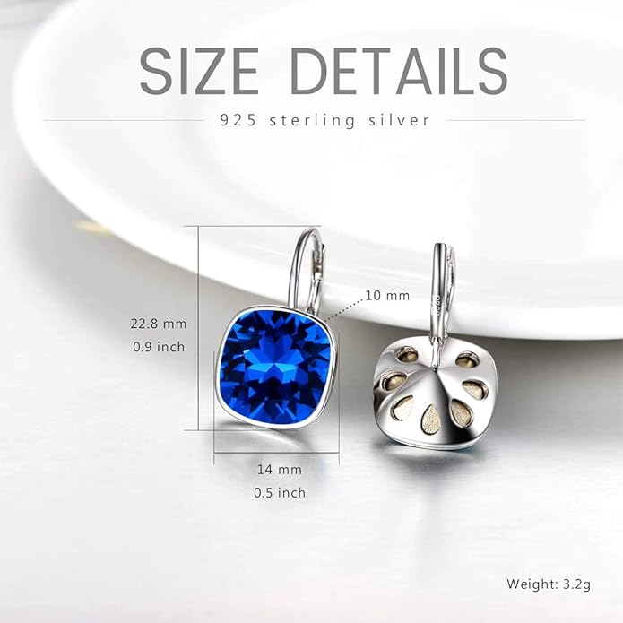 AOBOCO Sterling Silver Leverback Earrings Embellished with Crystals from Austria, Hypoallergenic Cushion Cut Square Crystal Earrings, Fine Anniversary Birthday Jewelry Gifts for Women