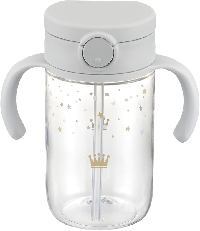 Richell On-the-Go Sippy Cup with Silicone Straw and Removable Handles, 10 oz, Easy Grip for Infant-Toddlers Sparkle Crown, Light Gray