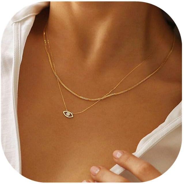 Evil Eye Necklace for Women 14K Gold Plated Delicate Necklaces Blue White CZ Diamond Pendant Necklace Cute Boho Tiny Evil Eye Lucky Protection Jewelry Gift for Women