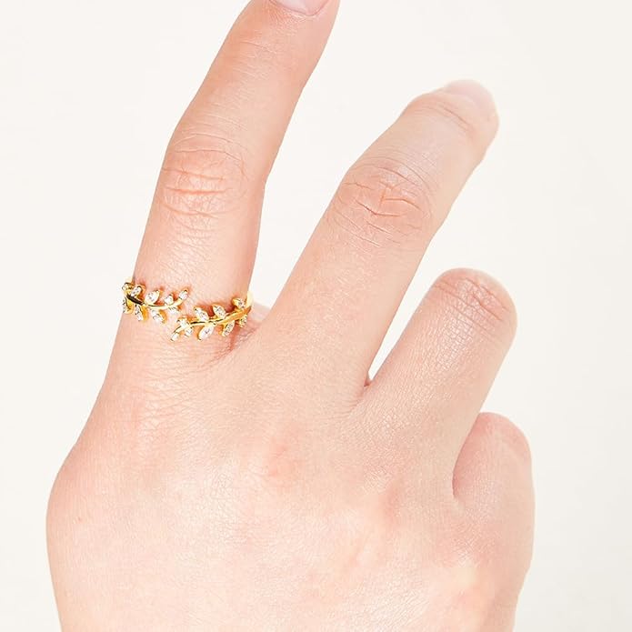 Adjustable S925 Sterling Silver Ring for Women,Branch Leaves Band Stacking Finger Ring,Paved Cubic Zirconia Stone Stackable Open Ring